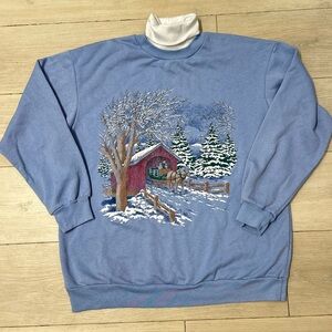 Vintage Basic Blue Winter Horse 🐎 Scene Sweater Medium‎ Made in Canada